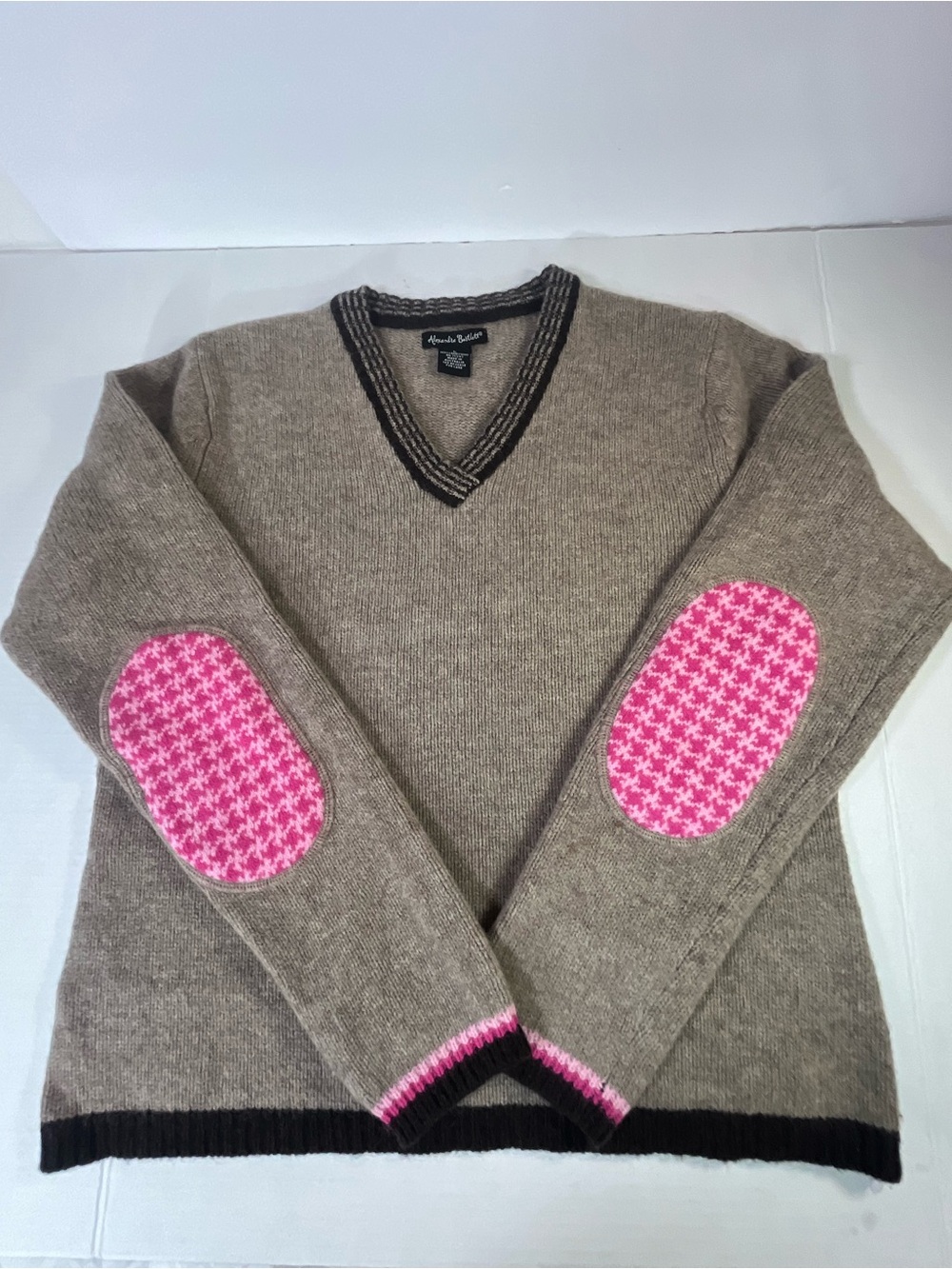 Alexandra Bartlett Taupe and Dark Brown V-Neck Wool Sweater Elbow Patch